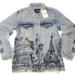 VICTORIOUS‎ World Tour Denim Trucker Jacket Mens S Graphic Distressed Frayed Hem